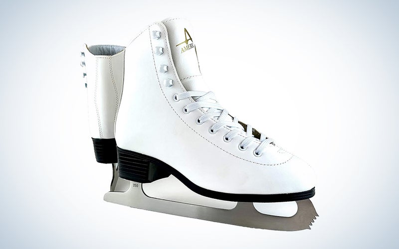 A pair of white American Athletic Ice Skates on a blue and white gradient background