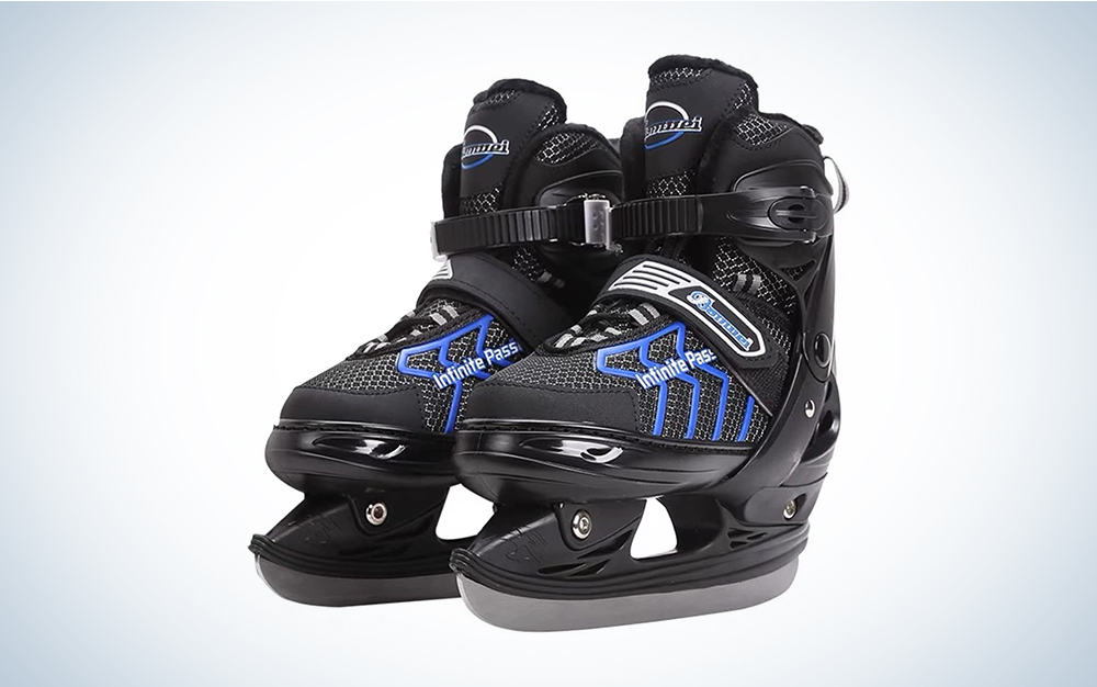 A pair of blue and black DUWIN adjustable ice skates against a blue and white background