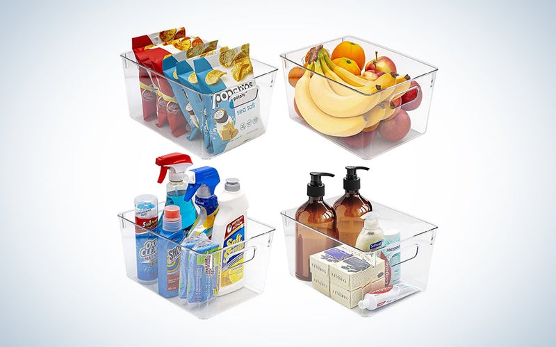 clear storage bins with food or toiletries