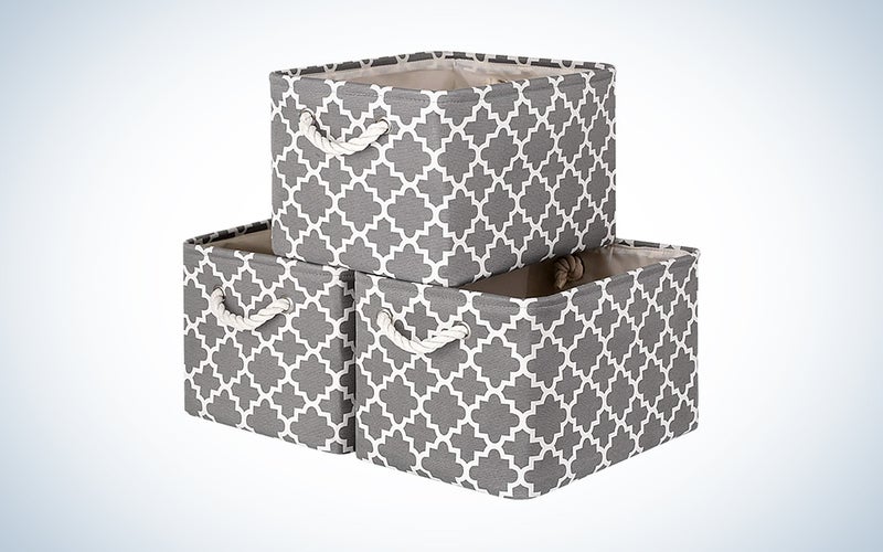 grey and white pattern fabric storage bin