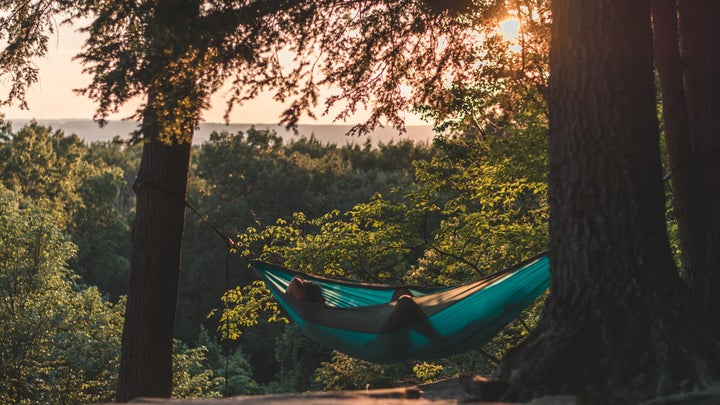 person in a hammock in between two trees