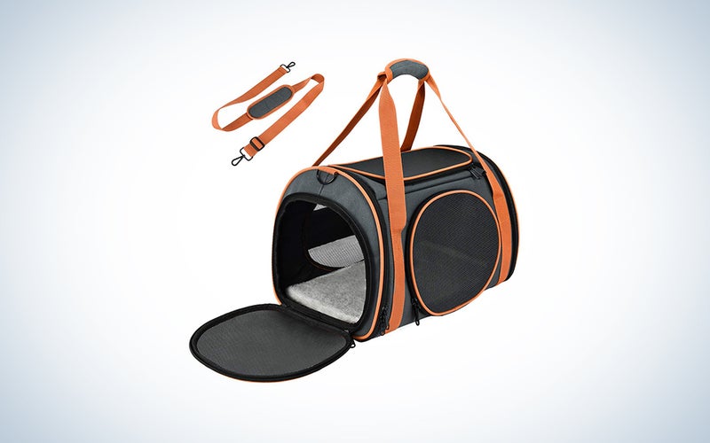 soft sided black and orange cat carrier
