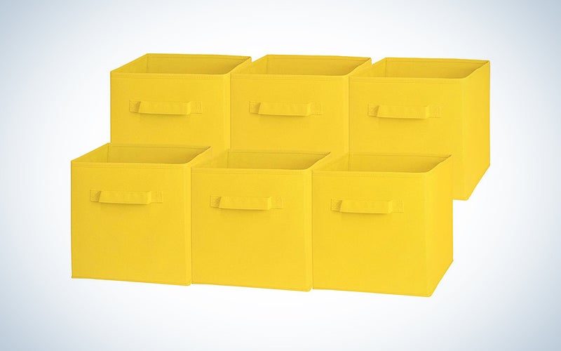 six yellow storage boxes