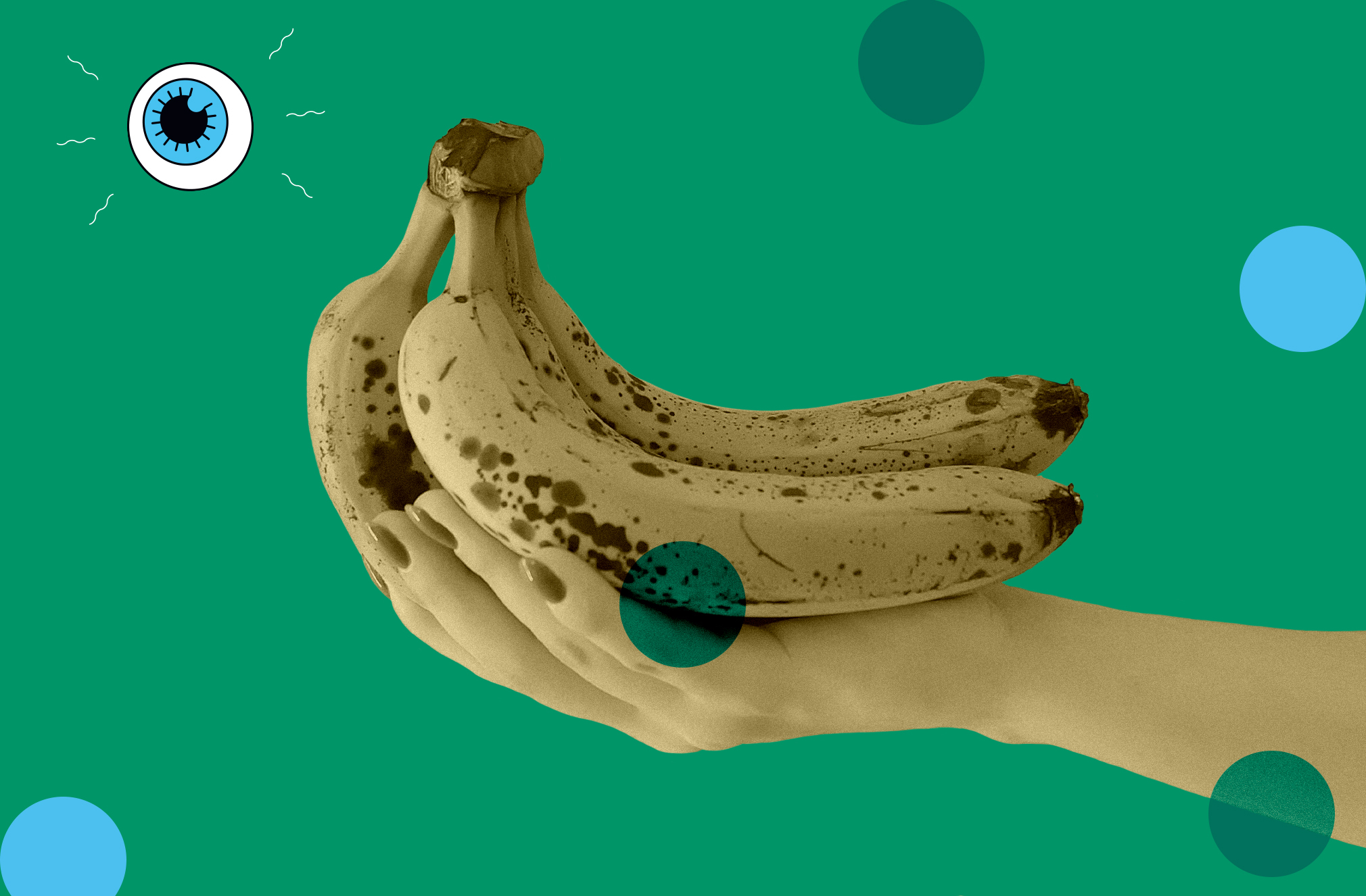 someone holds a bunch of bananas on a green background with blue and green polka dots and a small eyeball logo in the upper left corner