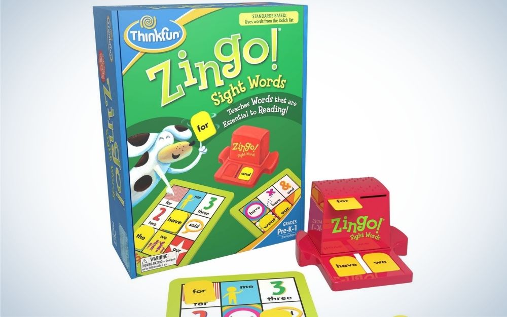 Green and blue ThinkFun Zingo Sight Words Game for Kids with a small pink zingo sights words game in the corner.