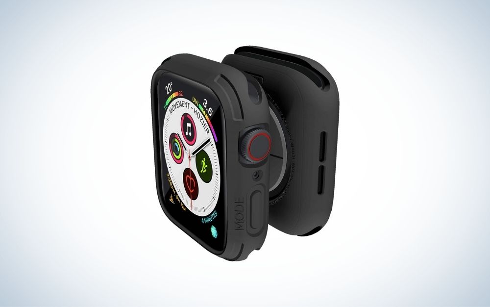 Black and protective Apple Watch case covering a black iWatch