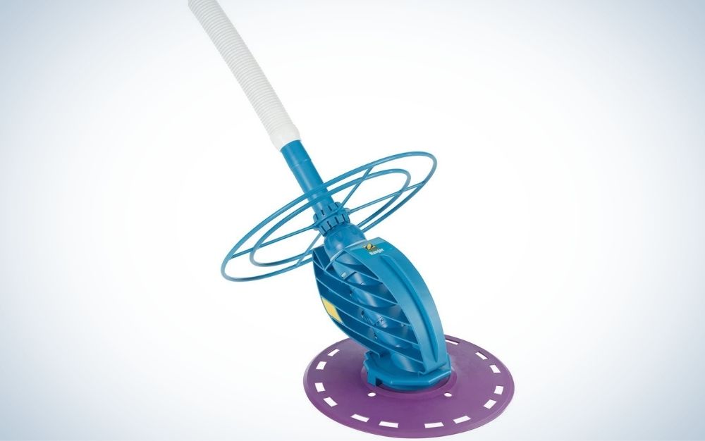 A vacuum cleaner with white tail, a disc and blue body with Ranger inscription as well as a purple disc under it.