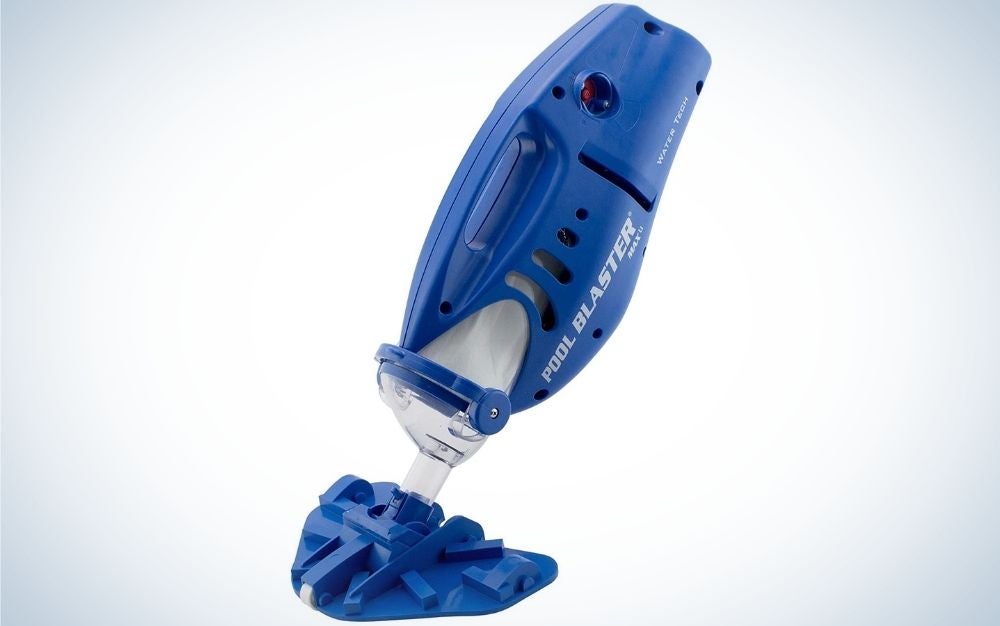 Blue Pool Blaster Max Cordless above ground vacuum cleaner.