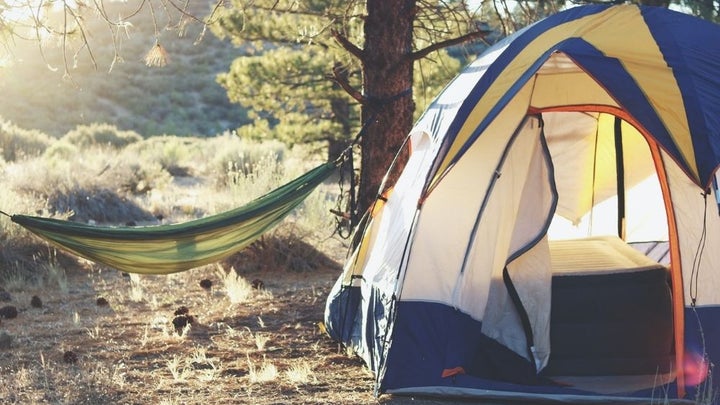 A blue camping tent and a green swing in nature at sunrise.