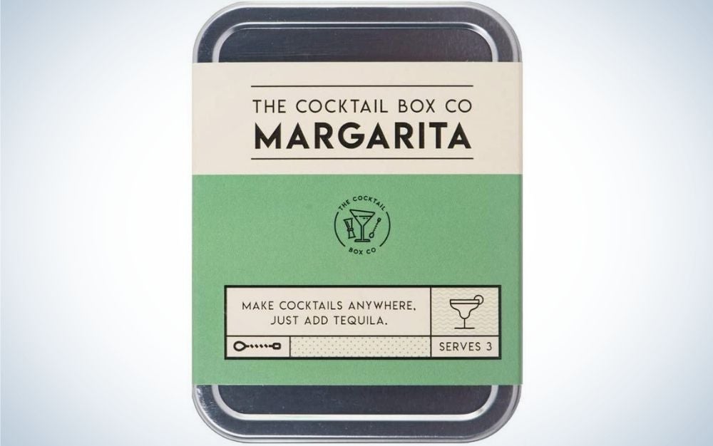 Handcrafted cocktail kits named the Margarita Cocktail Kit by The Cocktail Box Co. in the front.