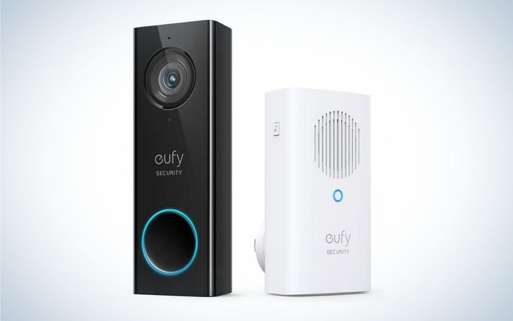 black doorbell camera with white eufy chime