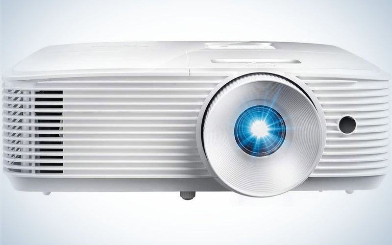 A white square projector from the front with a flash blue light into his lens.