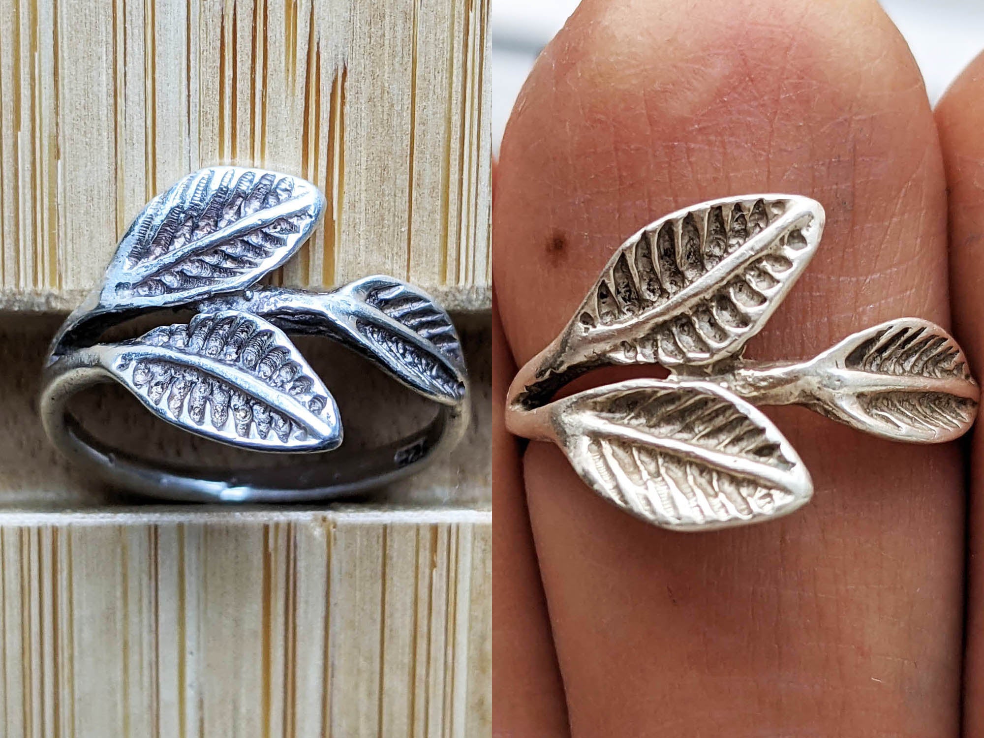 A tarnished silver ring, before and after cleaning.