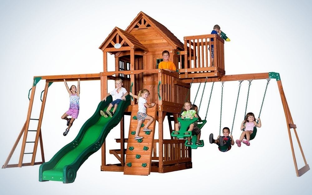 A full set of swing for kids with a wooden roof, trimmed windows, a covered upper porch, unique bay windows and a sun deck, also two belt swings and a two-person glider provides swinging fun for up to 4 kids at once.