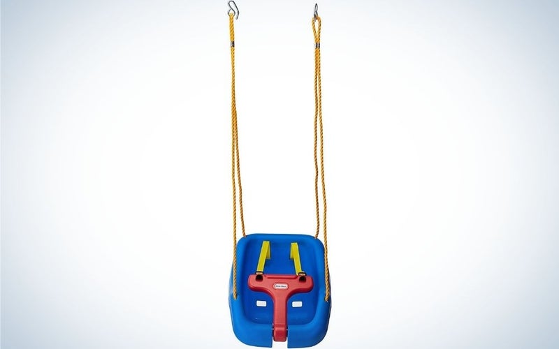 A blue and red strap for little children with orange rope holder.