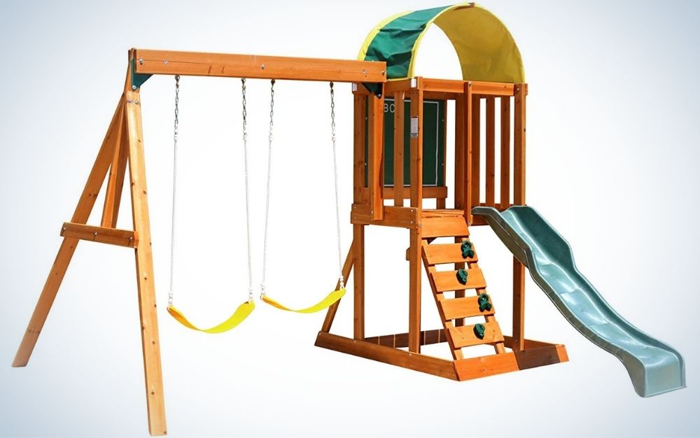 A wooden set swing with two swingers and blue sliding into it.