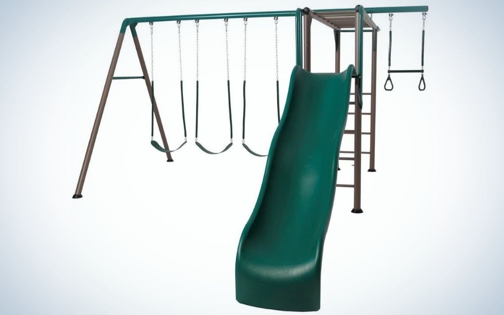 A swing set with three belt swings, one trapeze bar with gym rings, wavy slide, fireman's pole, and monkey bars into it.