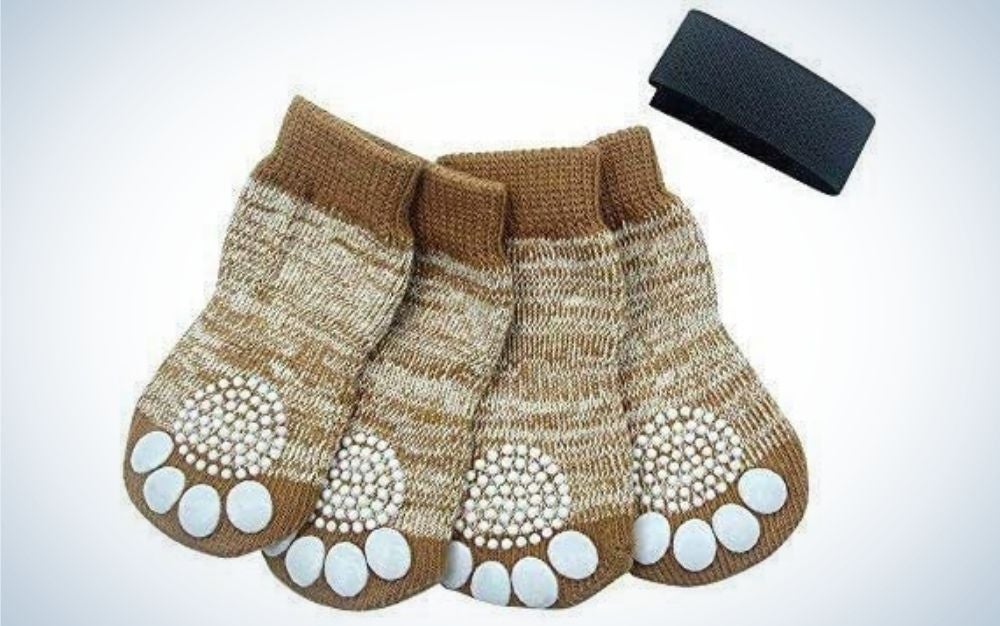 Four pairs of beige socks with protection in the shape of the dog's paw fingers and a black lace.