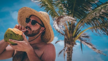 A man drinking coconut on a sunny day and with a palm tree behind him.