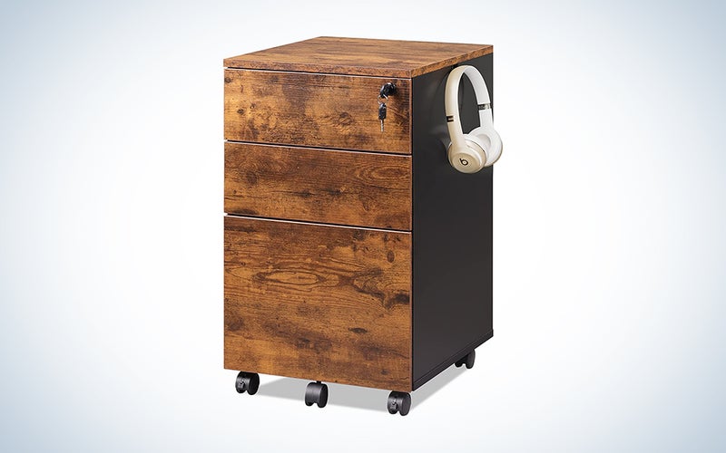 The Devaise 3 Drawer Rolling File Cabinet with Lock is the best wooden file cabinet