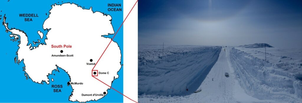 Left: A map showing where in Antarctica micrometeorites were harvested. Right: A trench in the snow