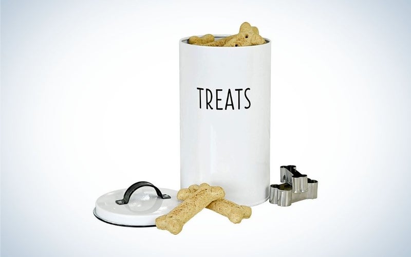 White pet food container with lid and two dog bone cookie cutters
