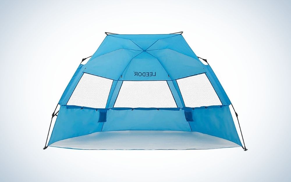 Blue beach umbrella tent with windows