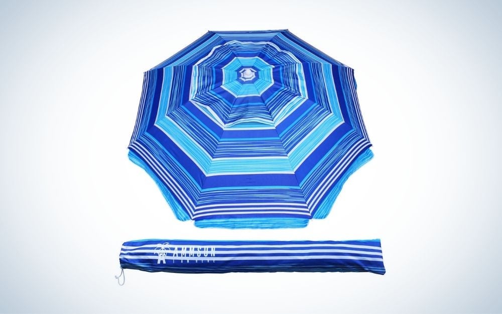 Striped blue beach umbrella with tint and carry bag