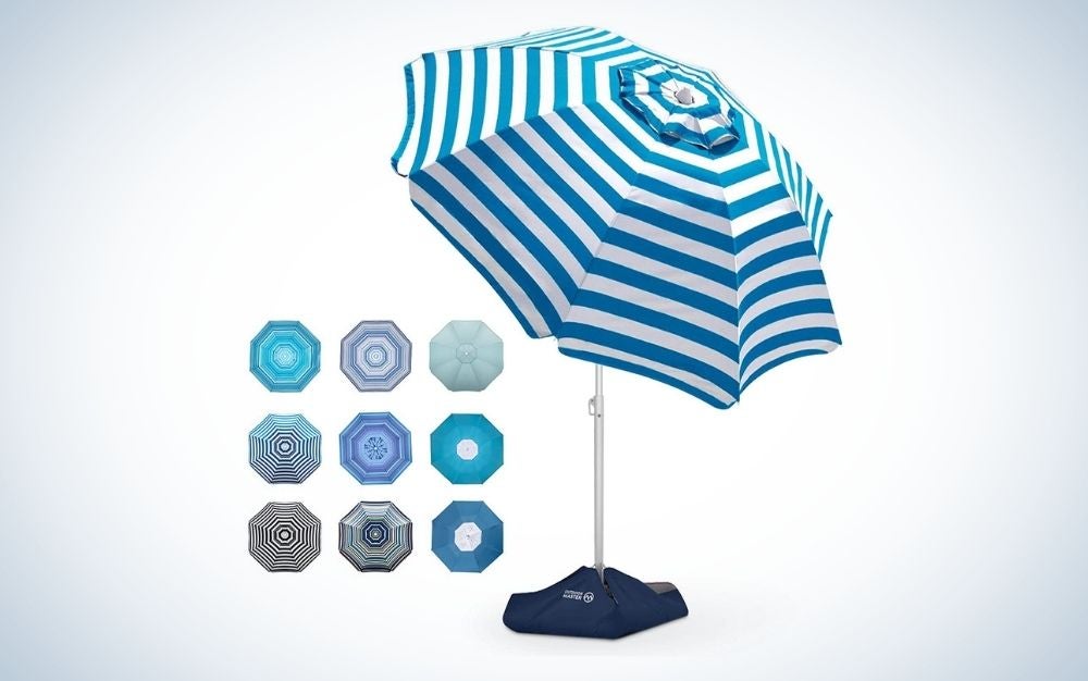 Blue and white striped beach umbrella