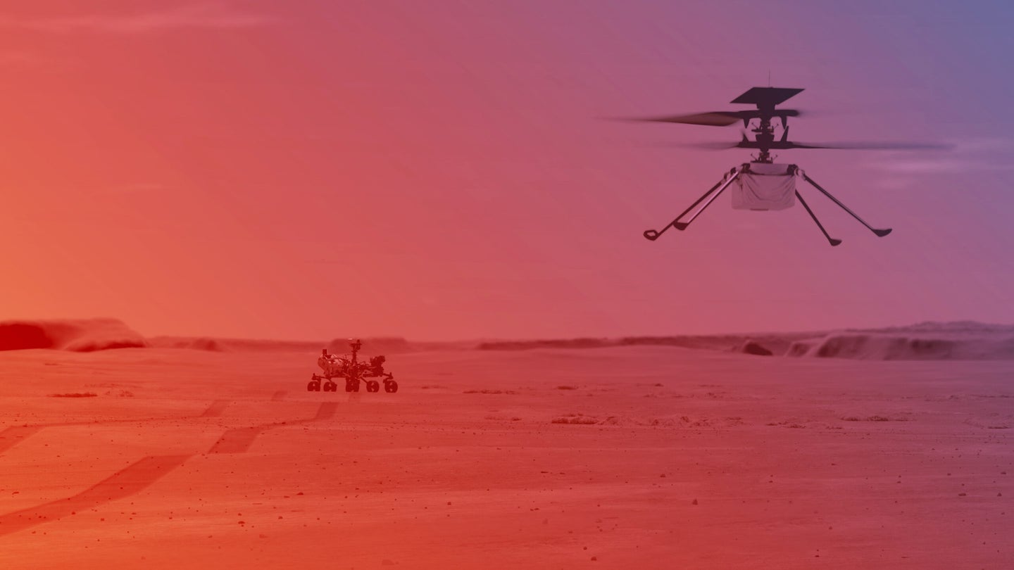 An illustration of the Mars Perseverance rover in the background and the Ingenuity helicopter in flight in the foreground.