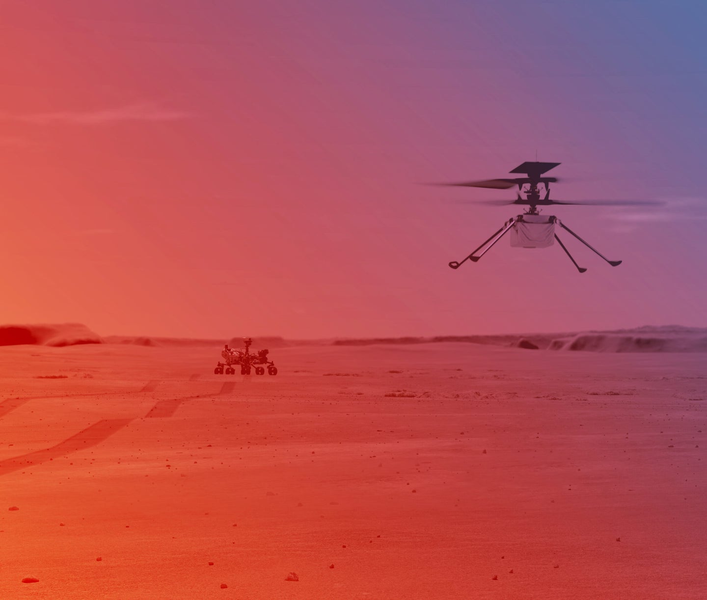 An illustration of the Mars Perseverance rover in the background and the Ingenuity helicopter in flight in the foreground.