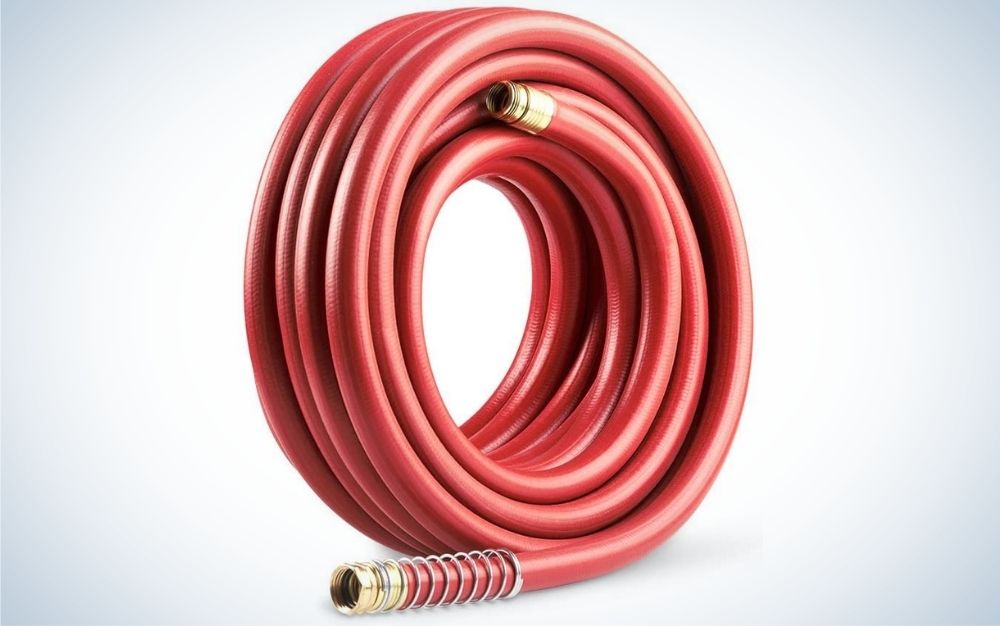 A red garden hose in a circle form from the front.