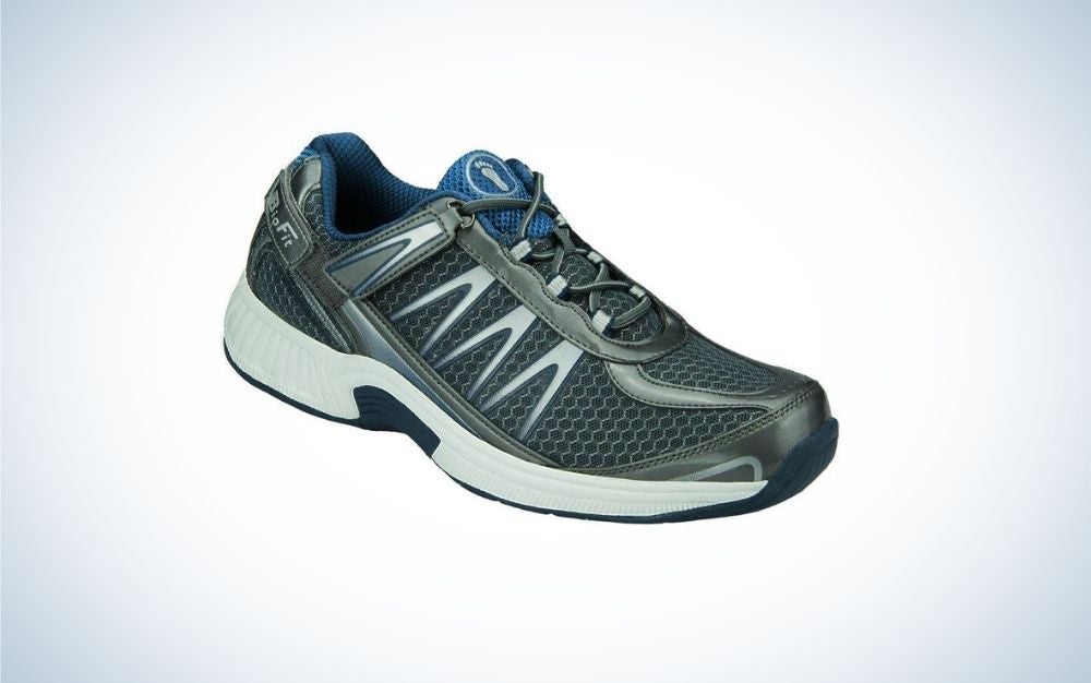 Blue and gray walking shoes for men for flat feet with hook-and-loop straps for laces