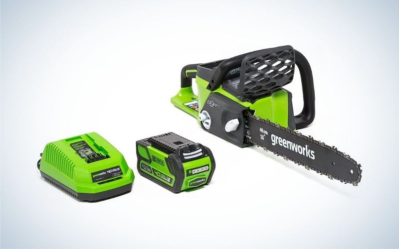 Black and green cordless chainsaw