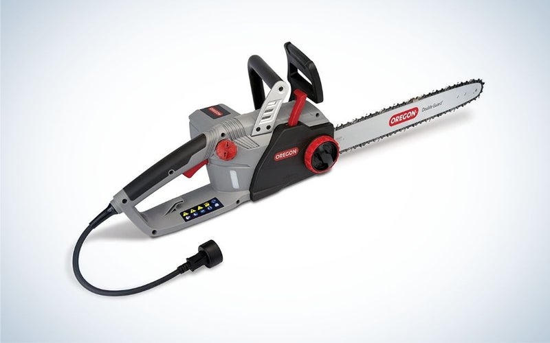 Black, gray, and red electric chainsaw