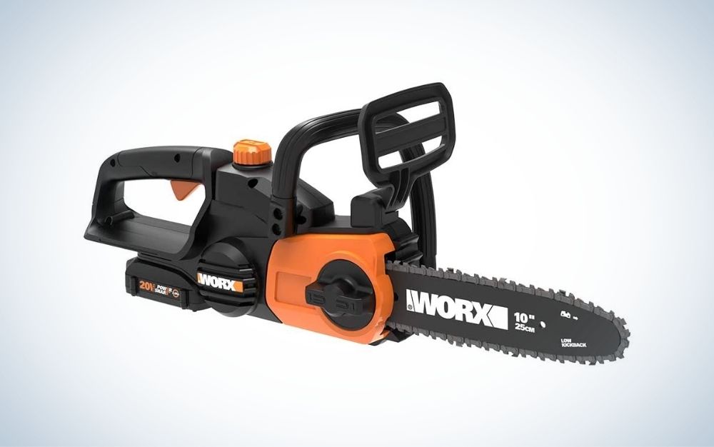 Black and orange cordless electric chainsaw