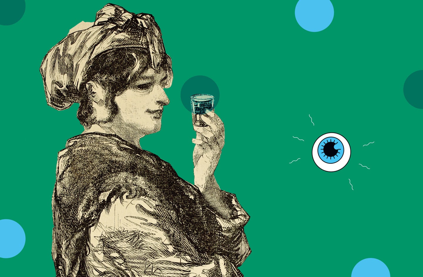an old fashioned sketch of someone drinking out of a small glass on a green background with blue polka dots and a drawing of an eyeball