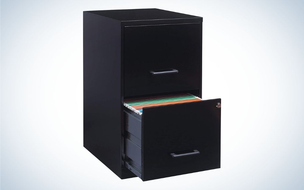 Black metal file cabinet with two drawers