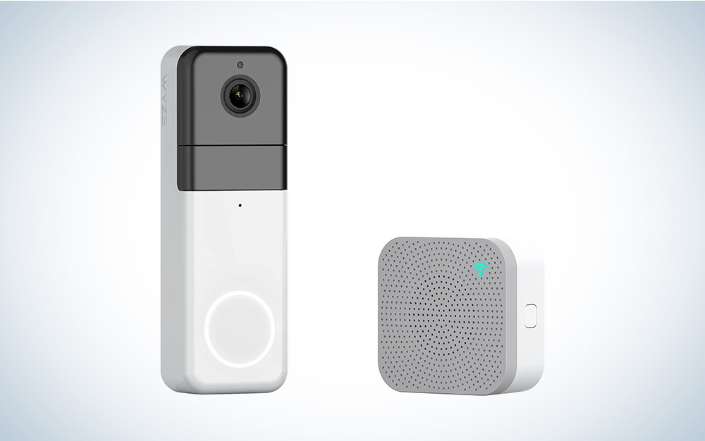 A Wyze wireless video doorbell on a blue and white background