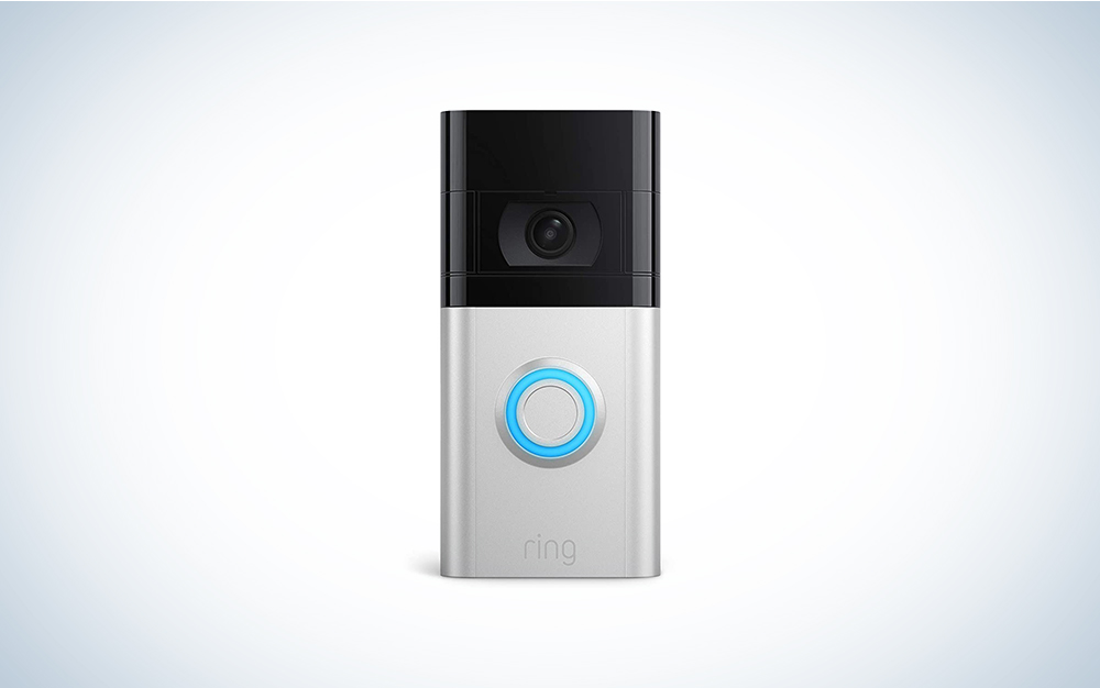 A Ring Doorbell 4 on a blue and white background