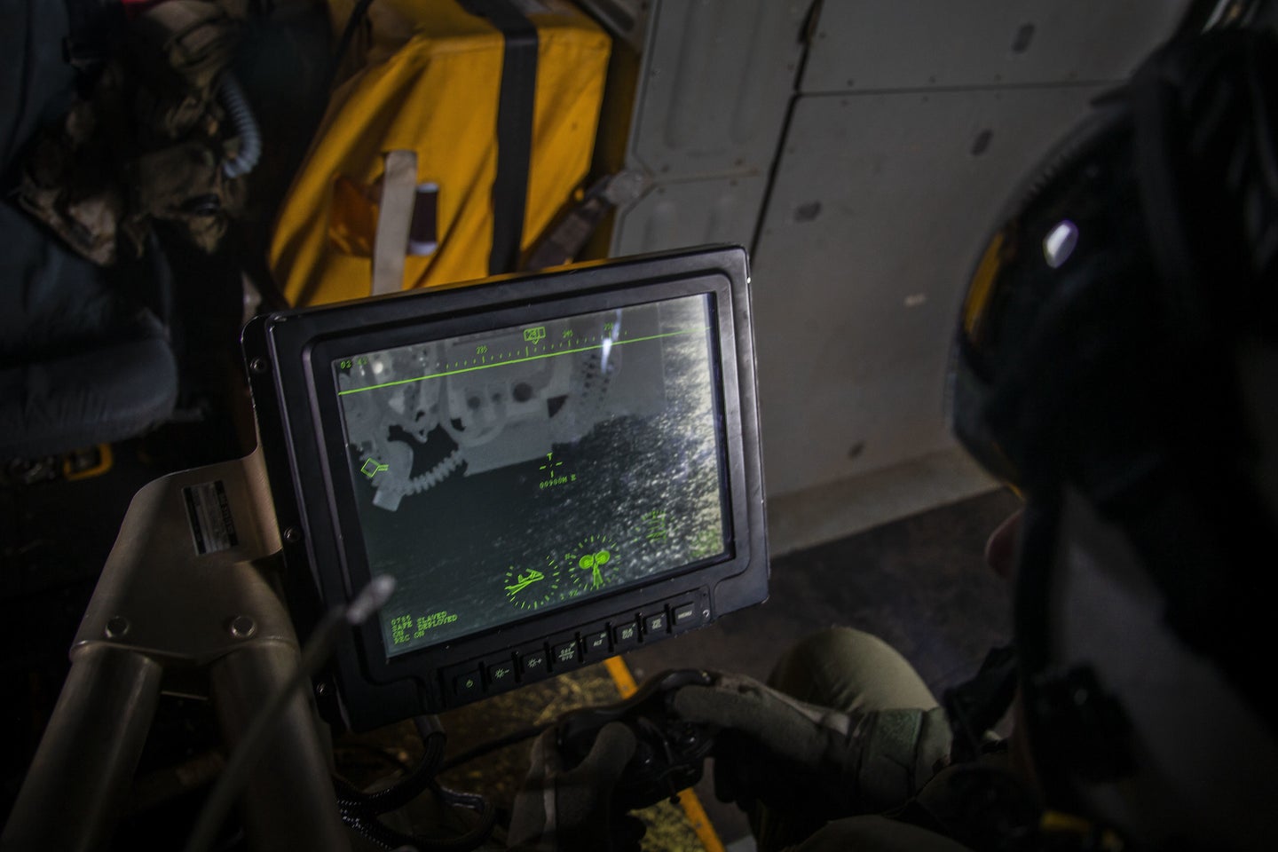 A defensive weapons system station inside a US aircraft.