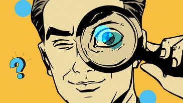 an illustrated man with a magnifying glass held up to his eye