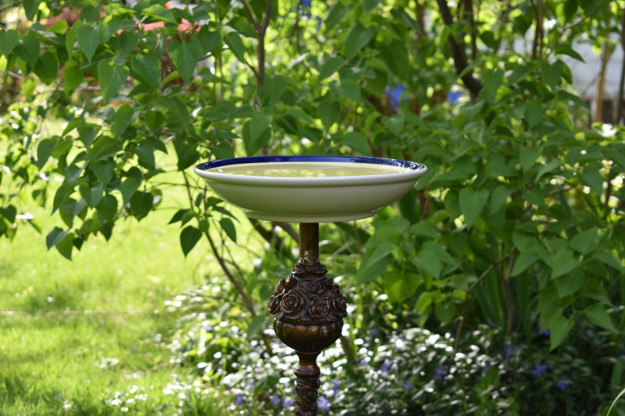 A DIY birdbath made out of a ceramic bowl and the stand from an antique lamp.