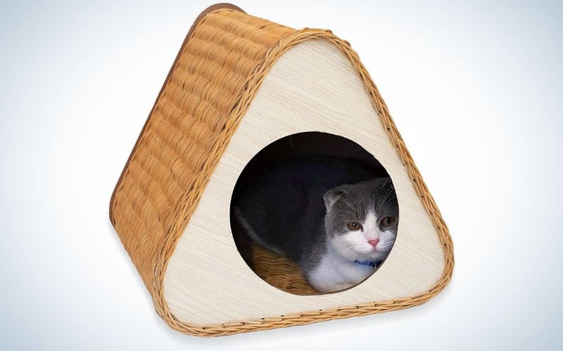 Rattan and natural wood wicker cat bed with a white and gray cat in it