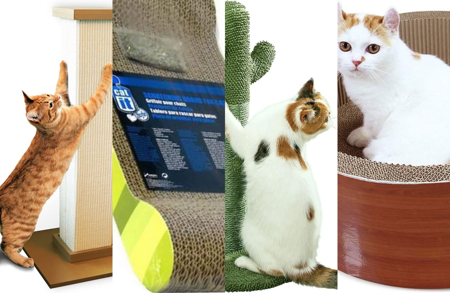 A lineup of the best cat scratching posts cut vertically into fourths.