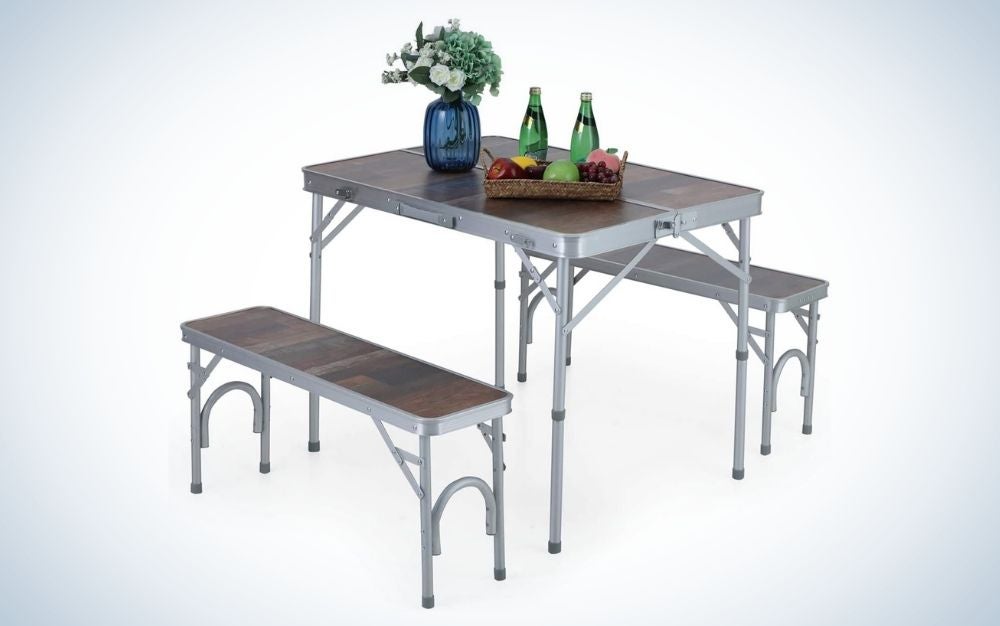 Metal folding picnic table with double handle and bench set