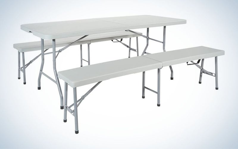 Rectangular, white folding picnic table with benches set