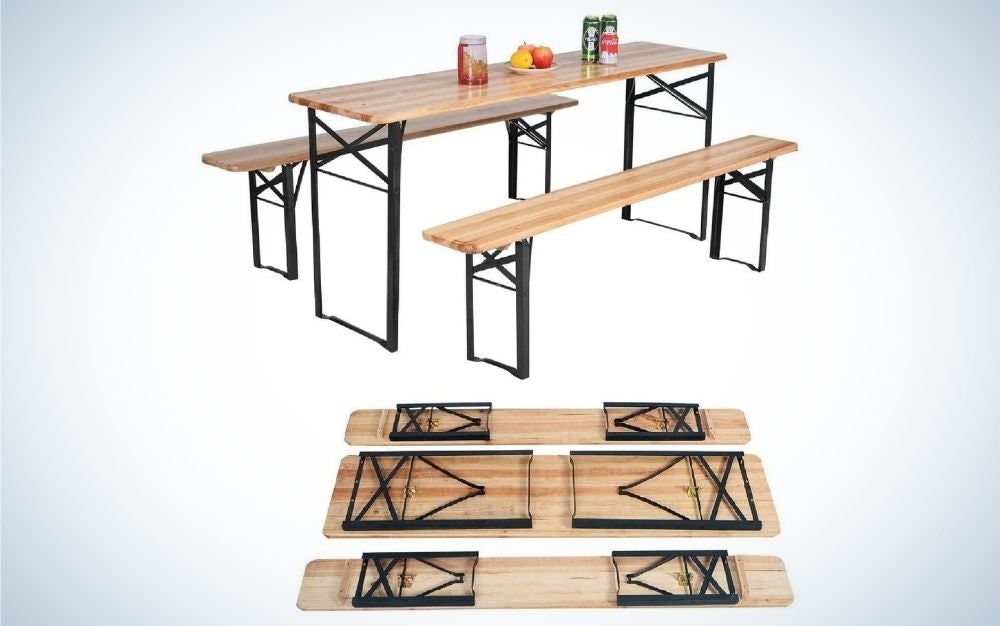 Rectangular, wood folding picnic table with steel frame