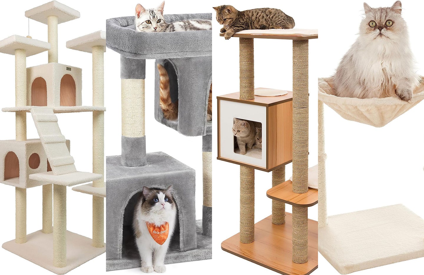 A lineup of the best cat trees split vertically into fourths