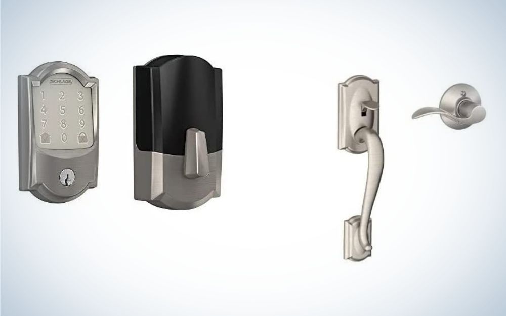 Rectangular, satin nickel smart lock and door handle